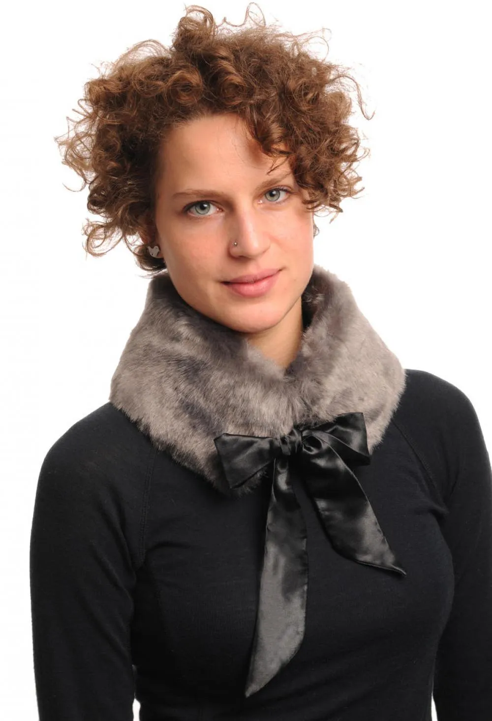 Grey Faux Fur Collar With Satin Bow Collar Scarf