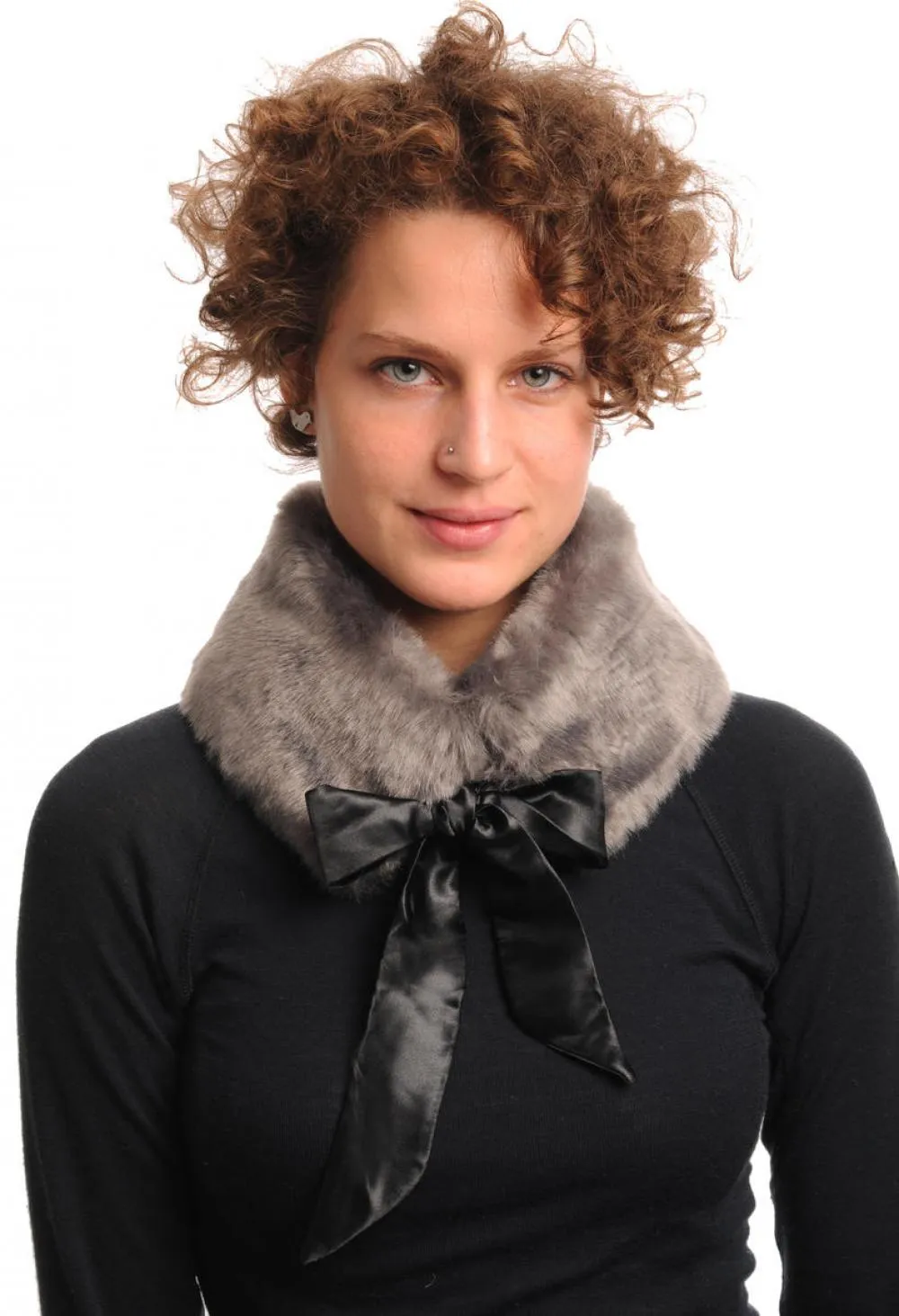 Grey Faux Fur Collar With Satin Bow Collar Scarf