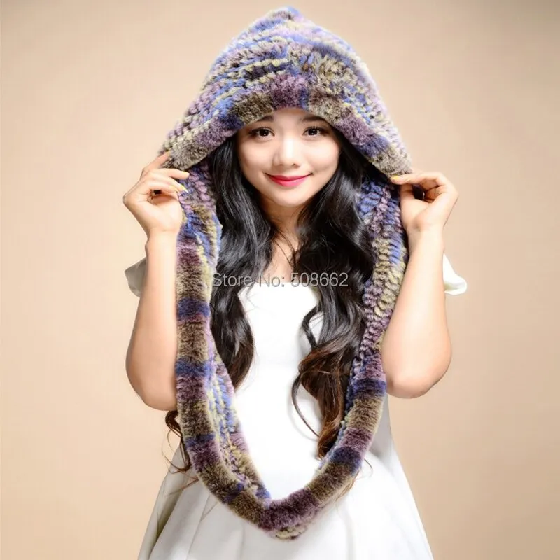 Hat Women Knitted Real REX Rabbit Fur Hat Beanie Fur Scarf Fur Double-used Fur Hat Bomber Cap Wrap Cape Neck Warmer Knitted Hats for Women FS14610