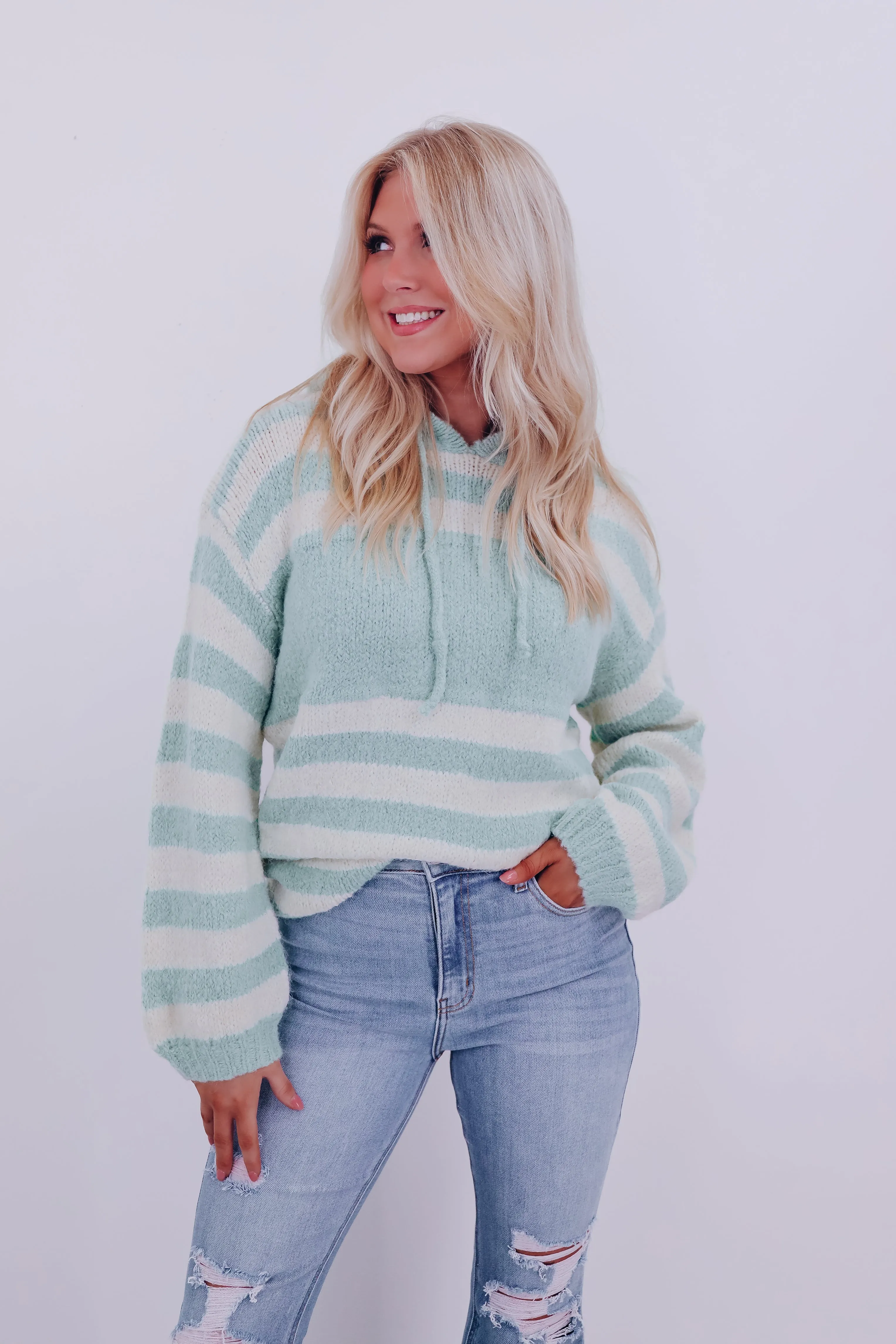 Haven Striped Hoodie Sweater - Mint/Ivory