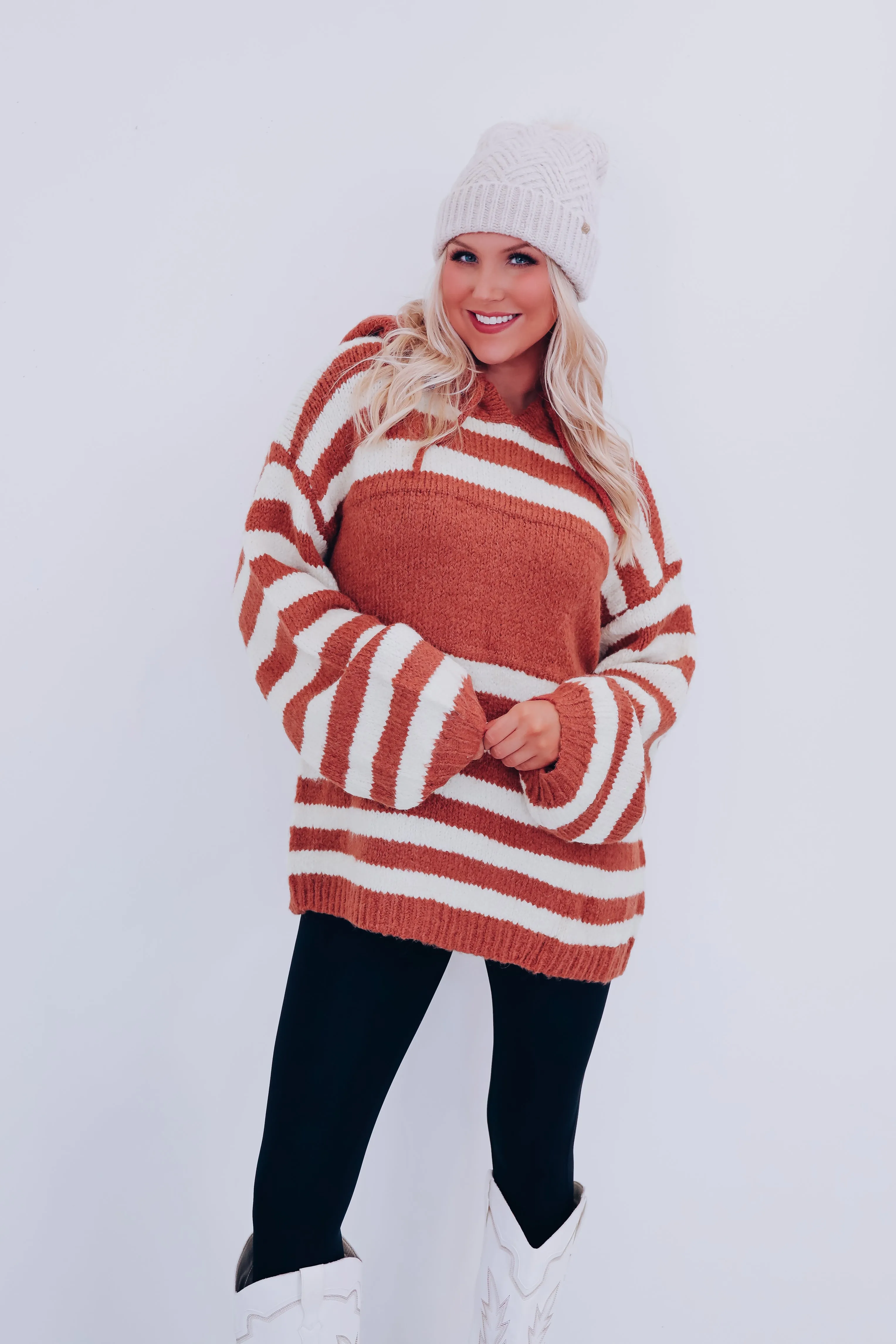 Haven Striped Hoodie Sweater - Rust/Ivory