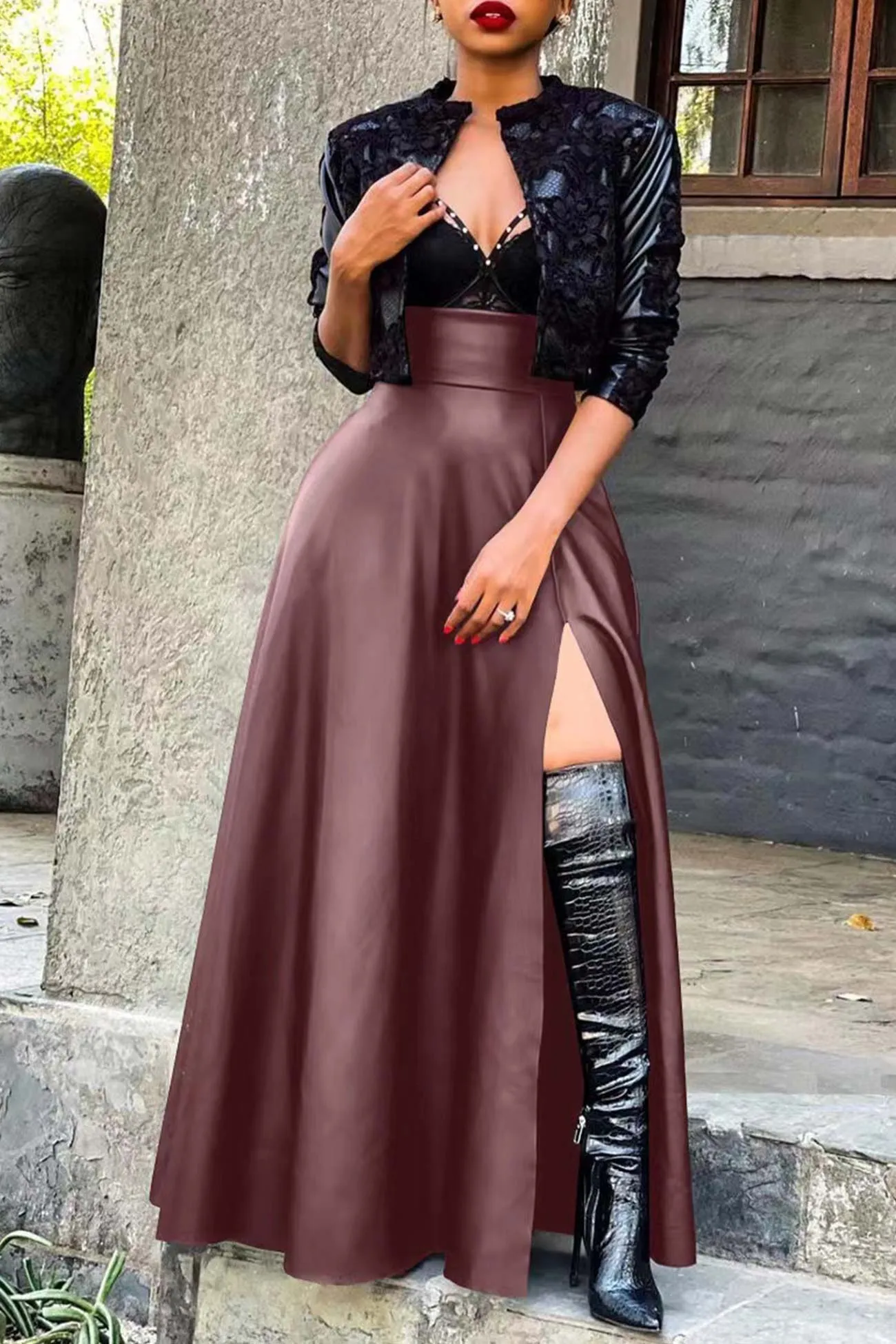 High Waist Slit PU Leather Skirt