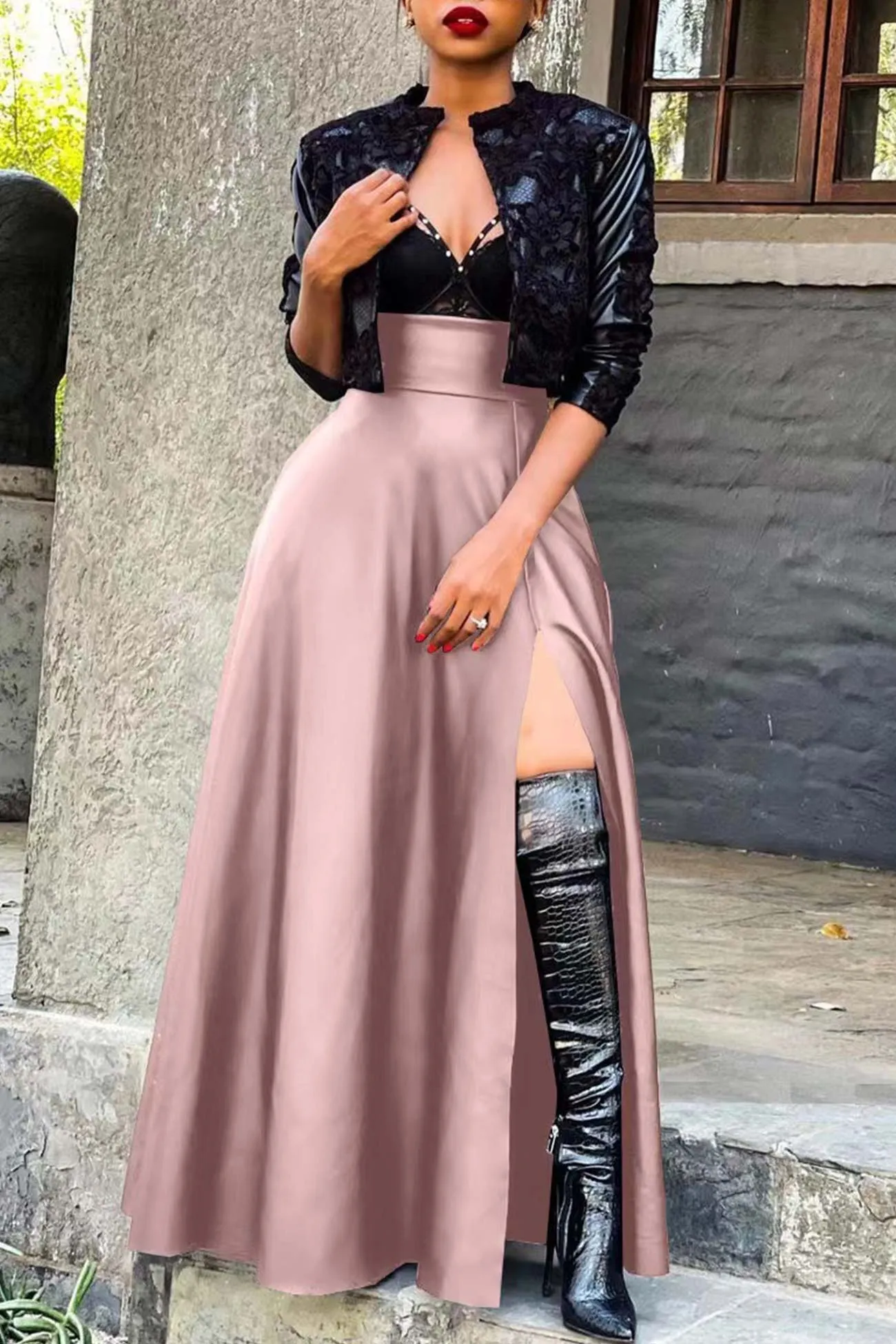 High Waist Slit PU Leather Skirt