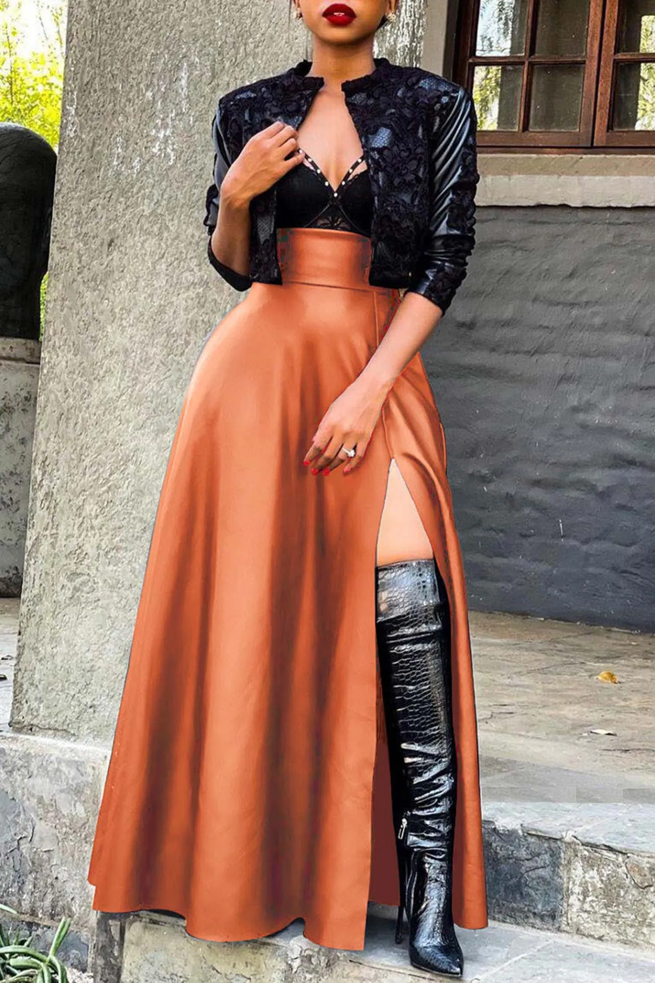 High Waist Slit PU Leather Skirt