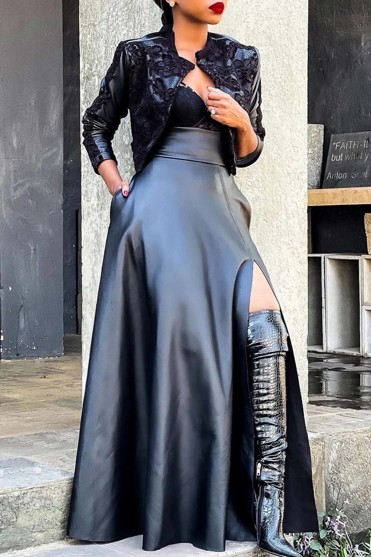 High Waist Slit PU Leather Skirt