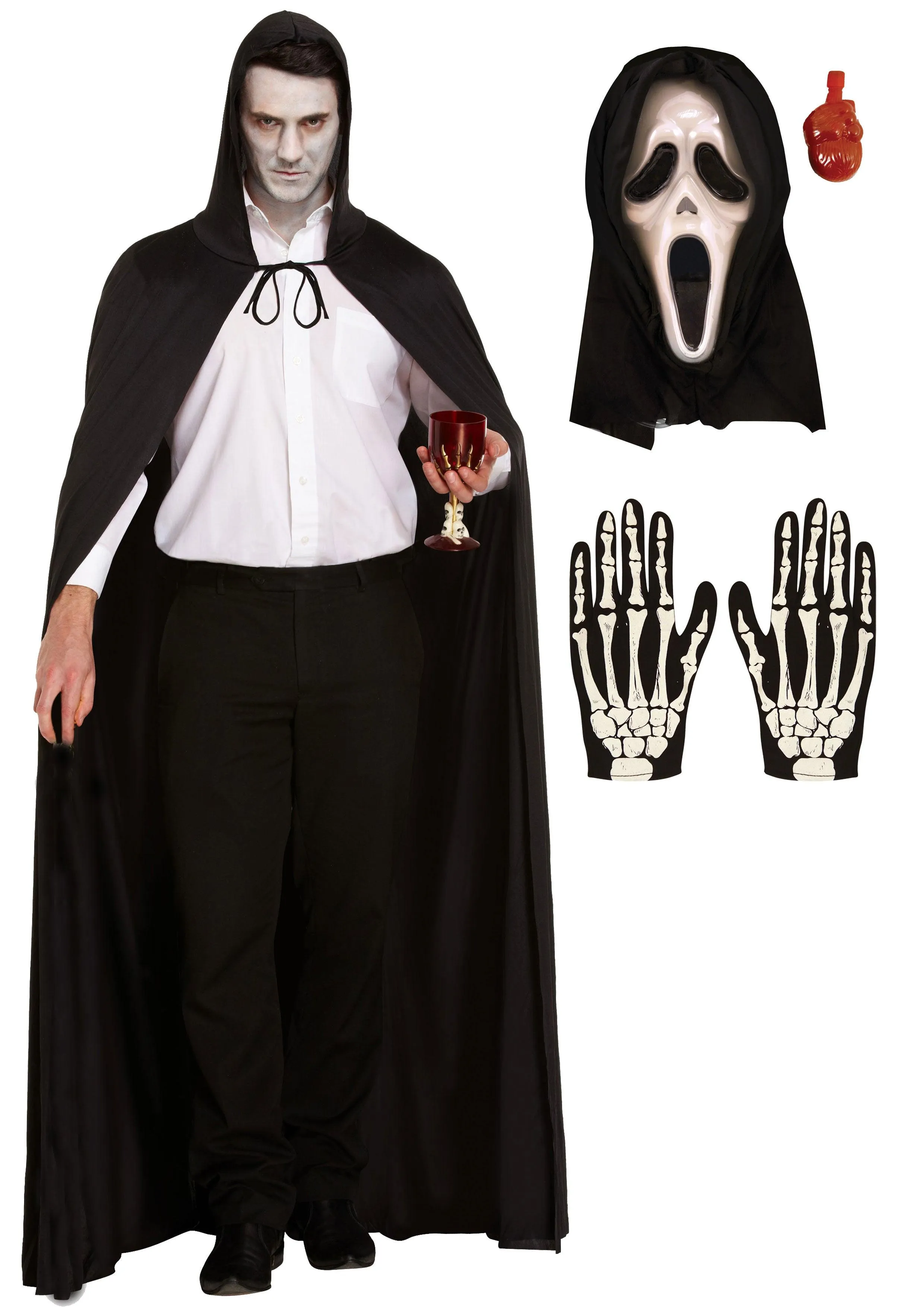 Horror Costume Set: Long Black Cape with Hood, Bleeding Scream Mask, and Adults Skeleton Gloves