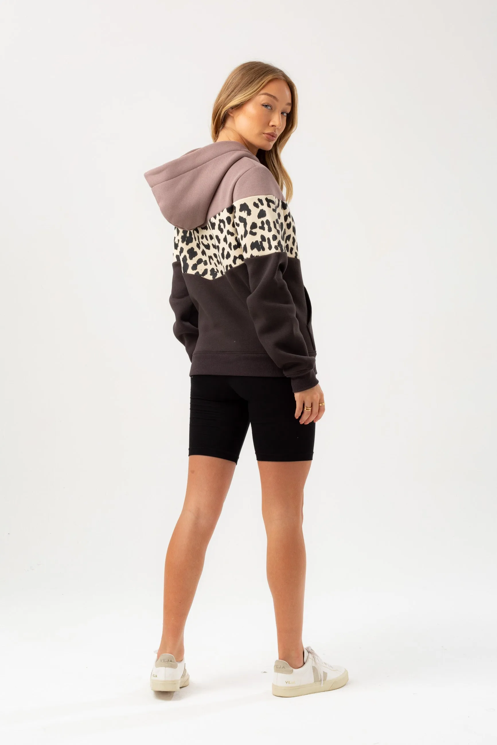 Hype Womens Ganache Cheetah Chevron Panel Justhype Drawcord Hoodie