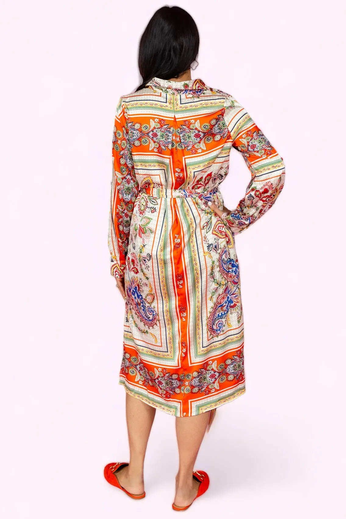 I Want It That Way Scarf Print Tie Waist Shirt Dress