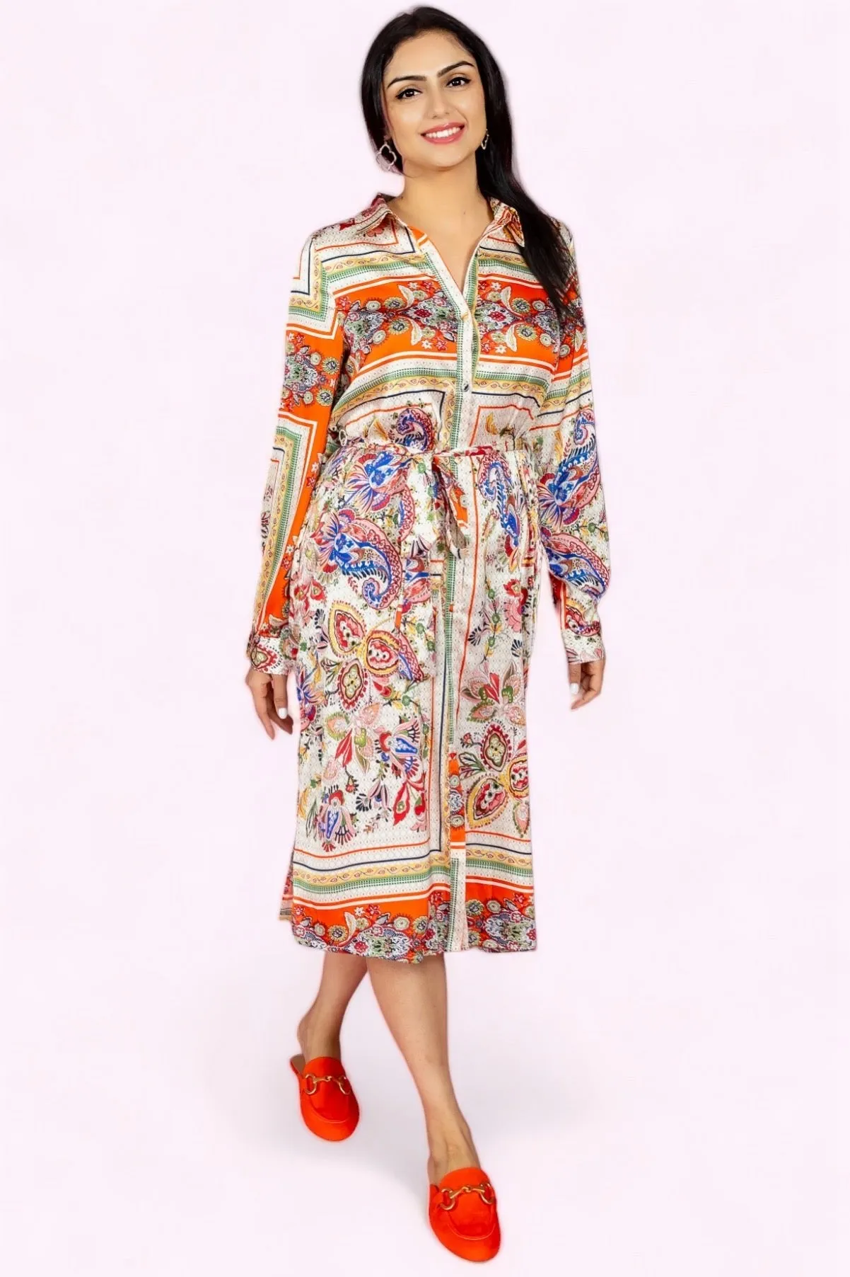 I Want It That Way Scarf Print Tie Waist Shirt Dress