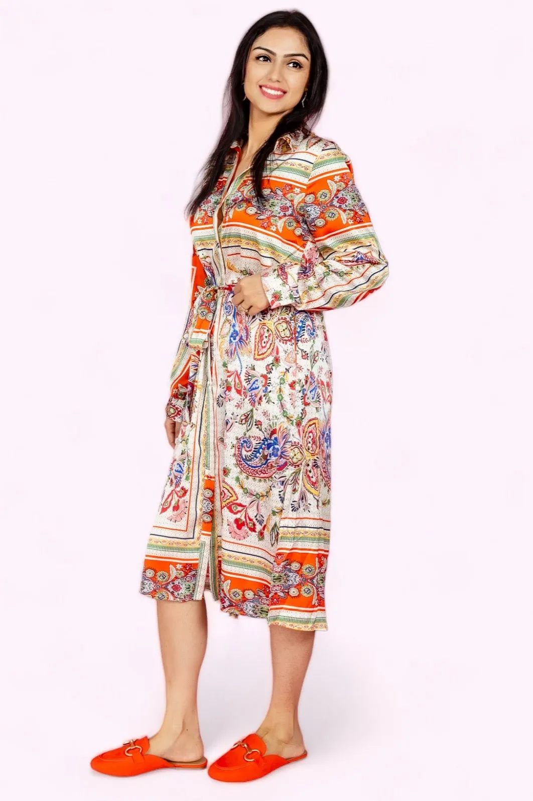 I Want It That Way Scarf Print Tie Waist Shirt Dress