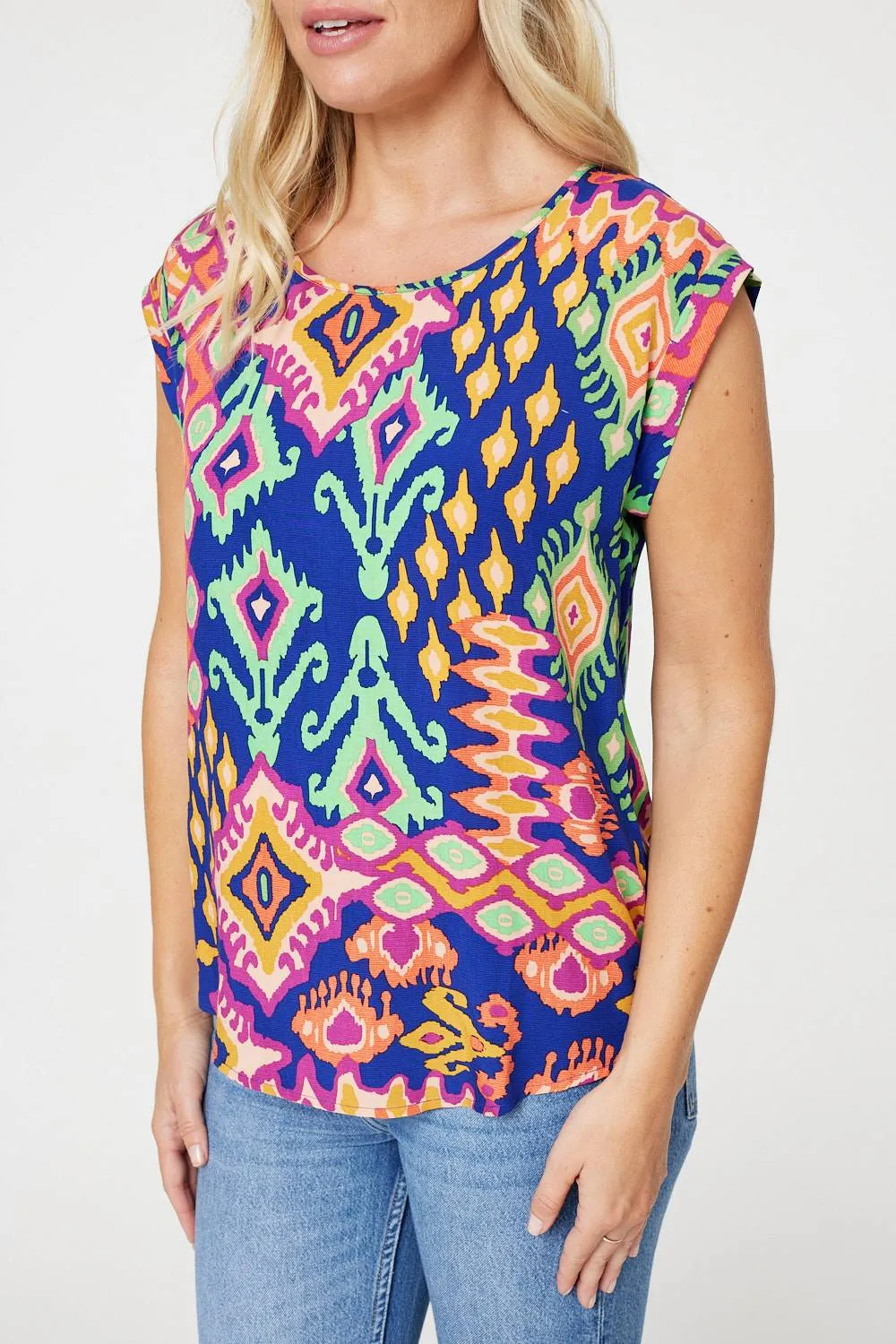 Ikat Print Turn Up Sleeve Top