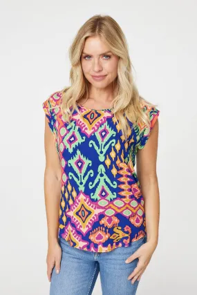 Ikat Print Turn Up Sleeve Top