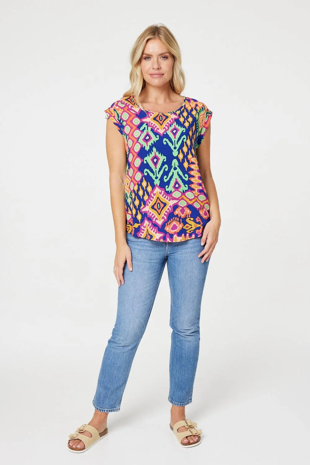 Ikat Print Turn Up Sleeve Top