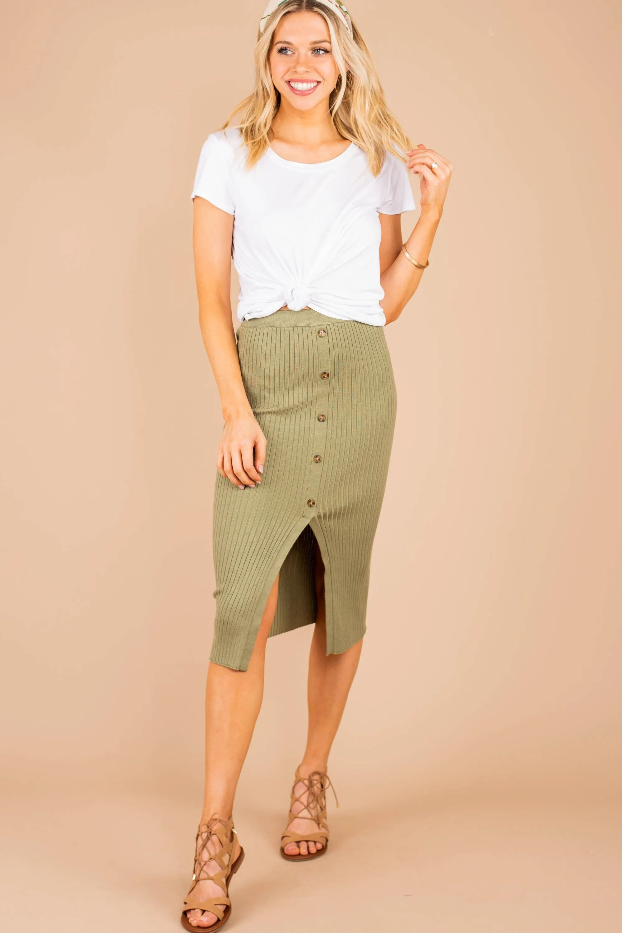 In The Moment Olive Green Ribbed Midi Skirt