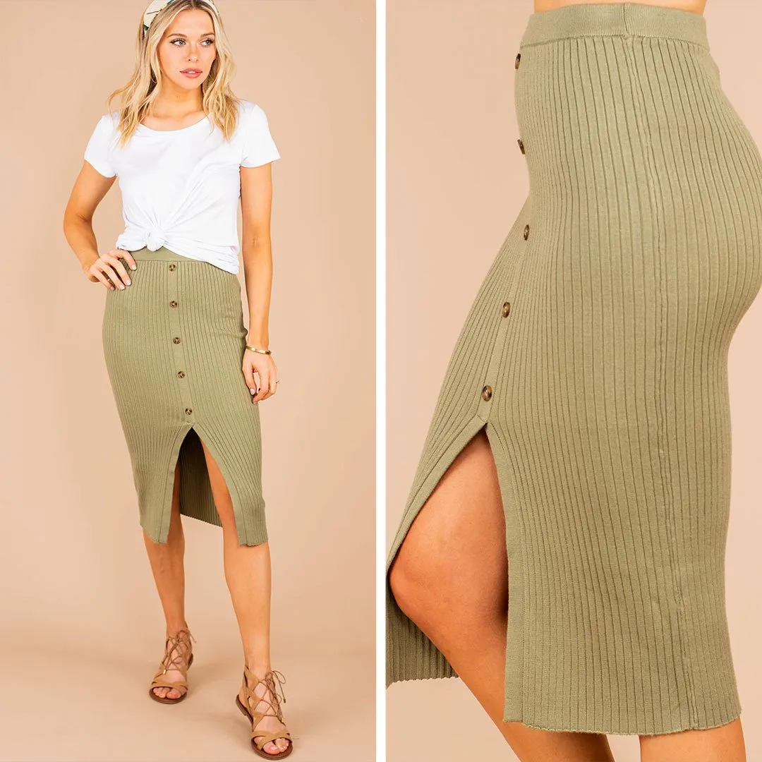 In The Moment Olive Green Ribbed Midi Skirt