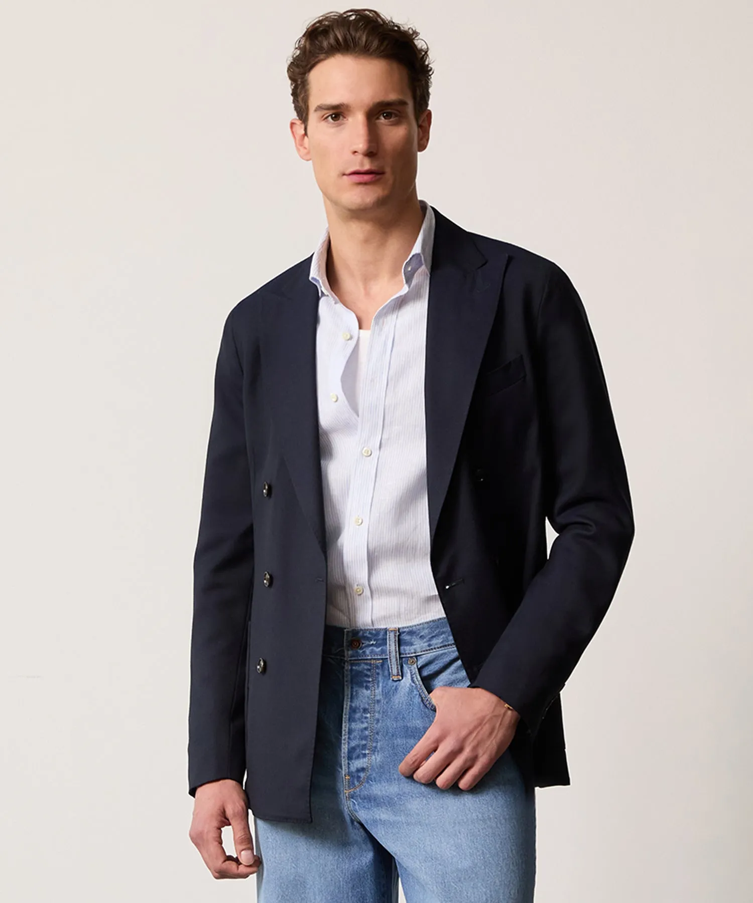 Italian Lightweight Wool Hopsack Double Breasted Sport Coat in Navy