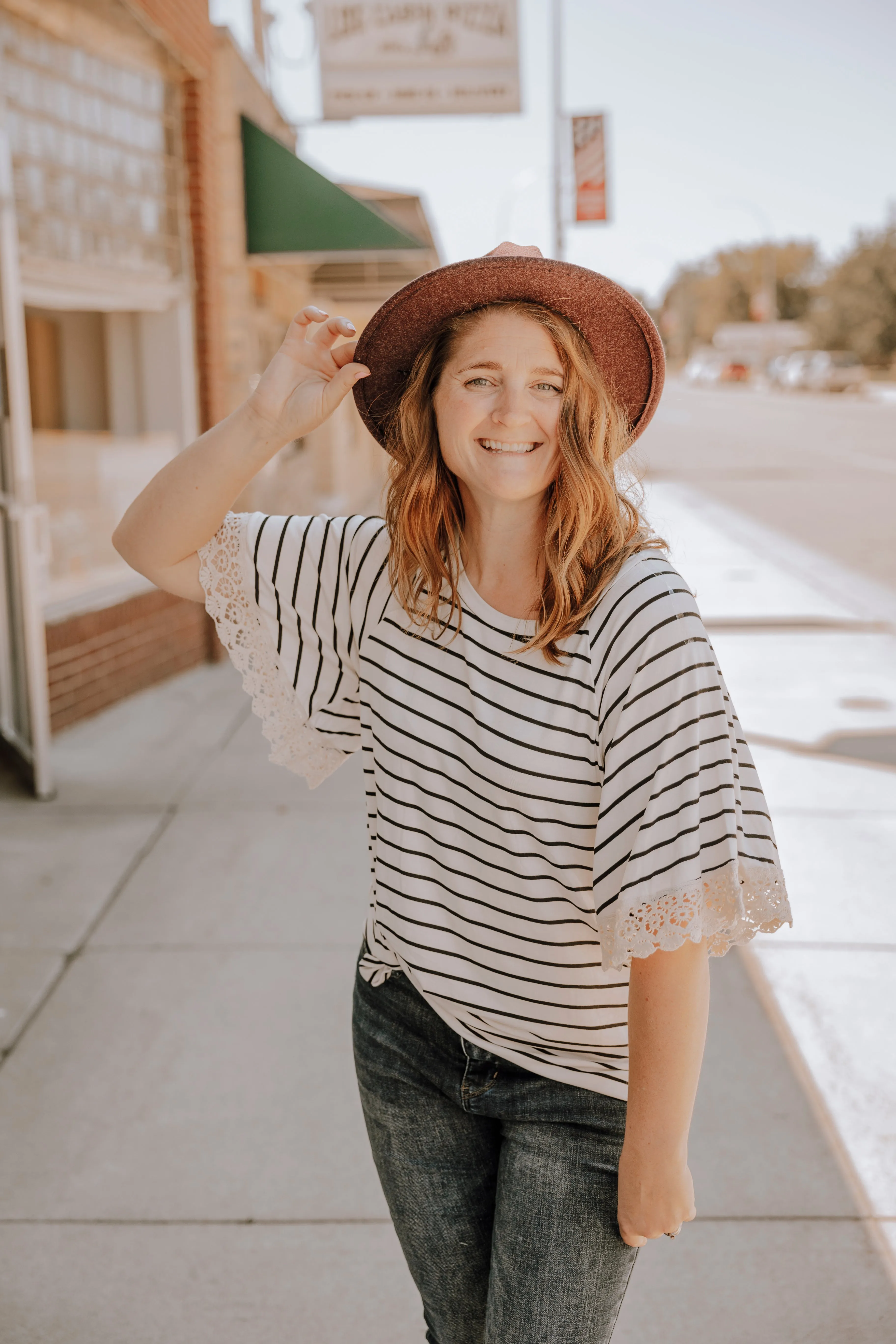 Ivory & Black Striped Crochet Sleeve Detail Top-Plus