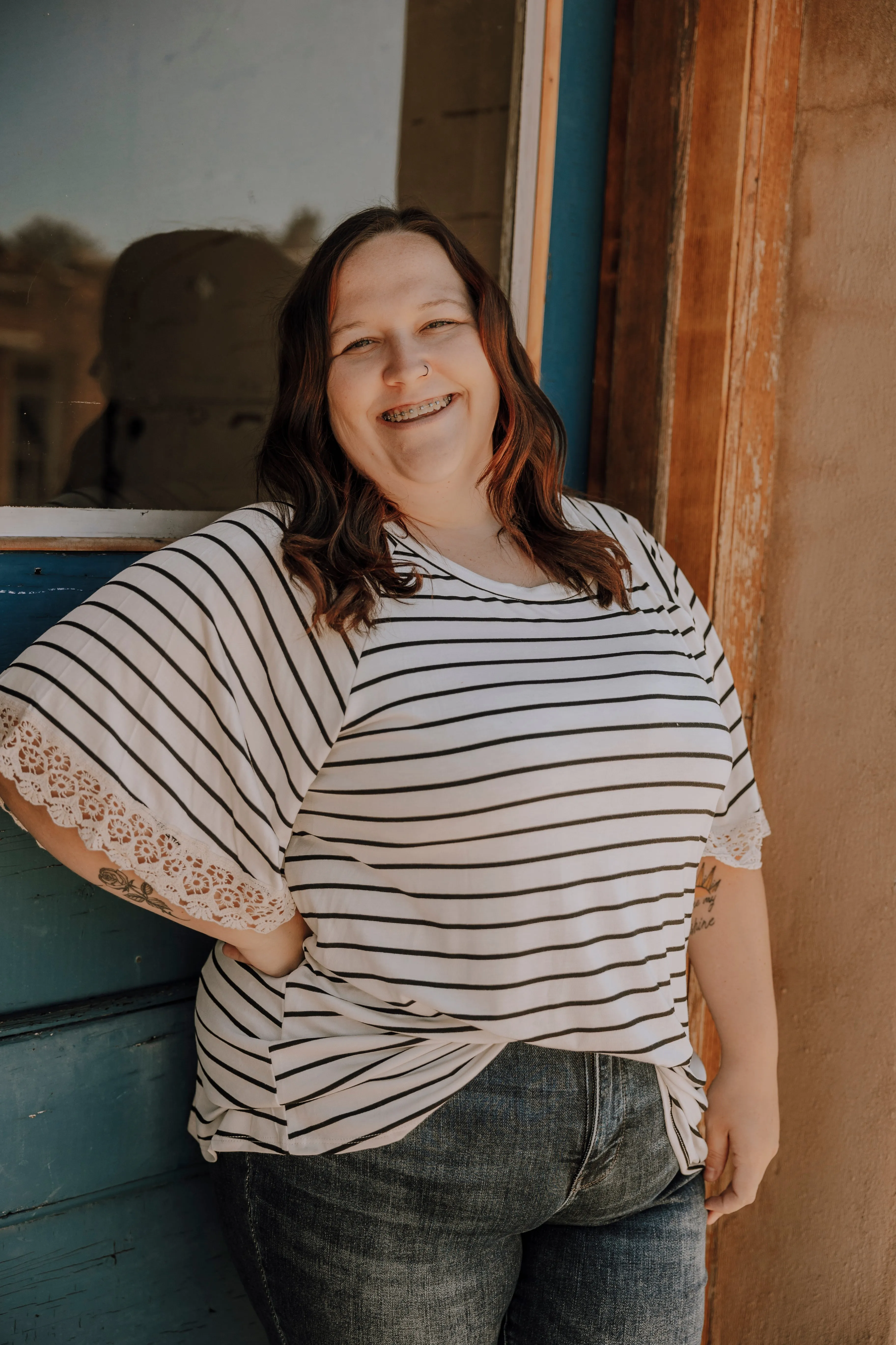 Ivory & Black Striped Crochet Sleeve Detail Top-Plus