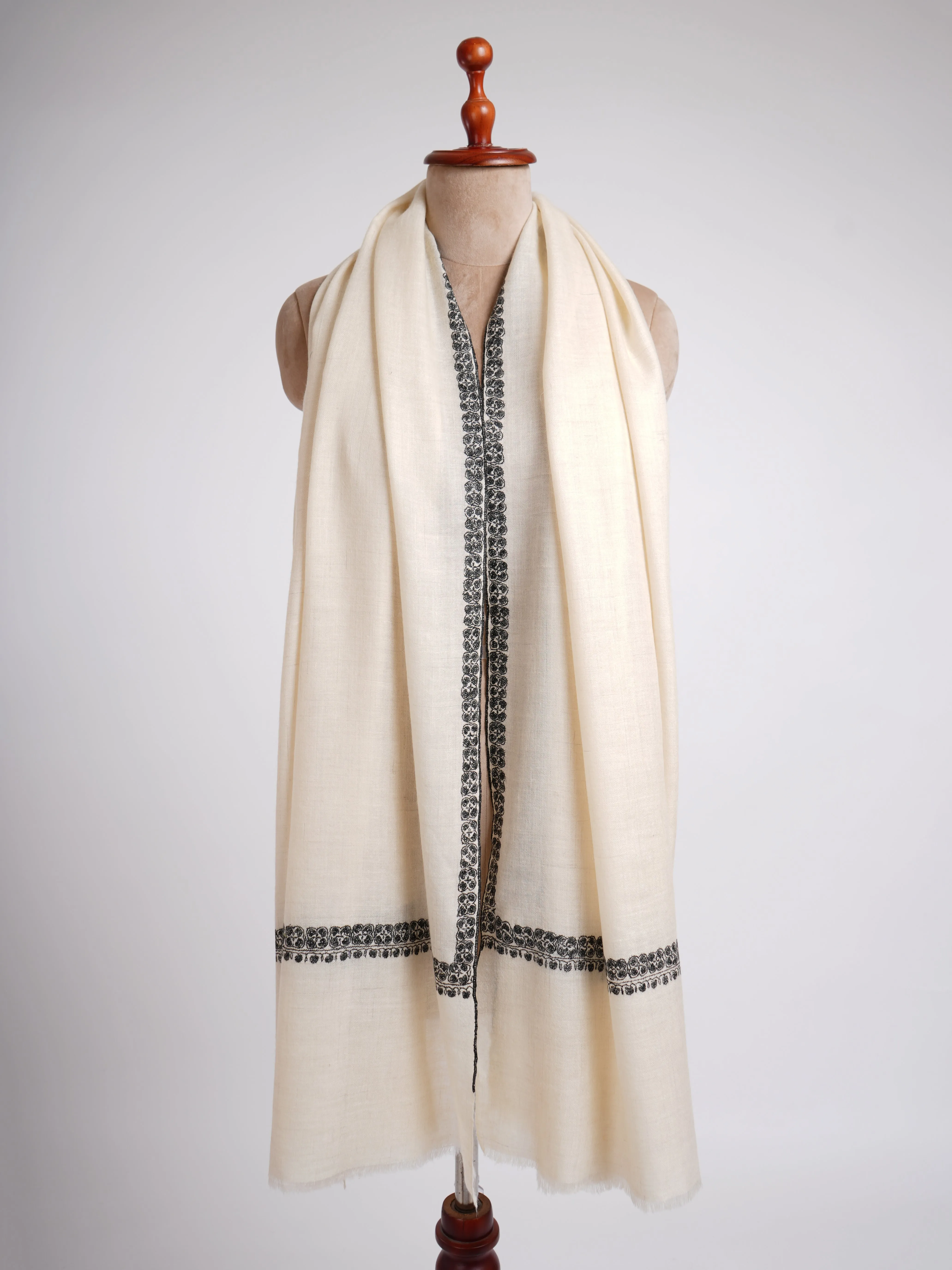 Ivory and Black Hand Sozni Work Pashmina Shawl