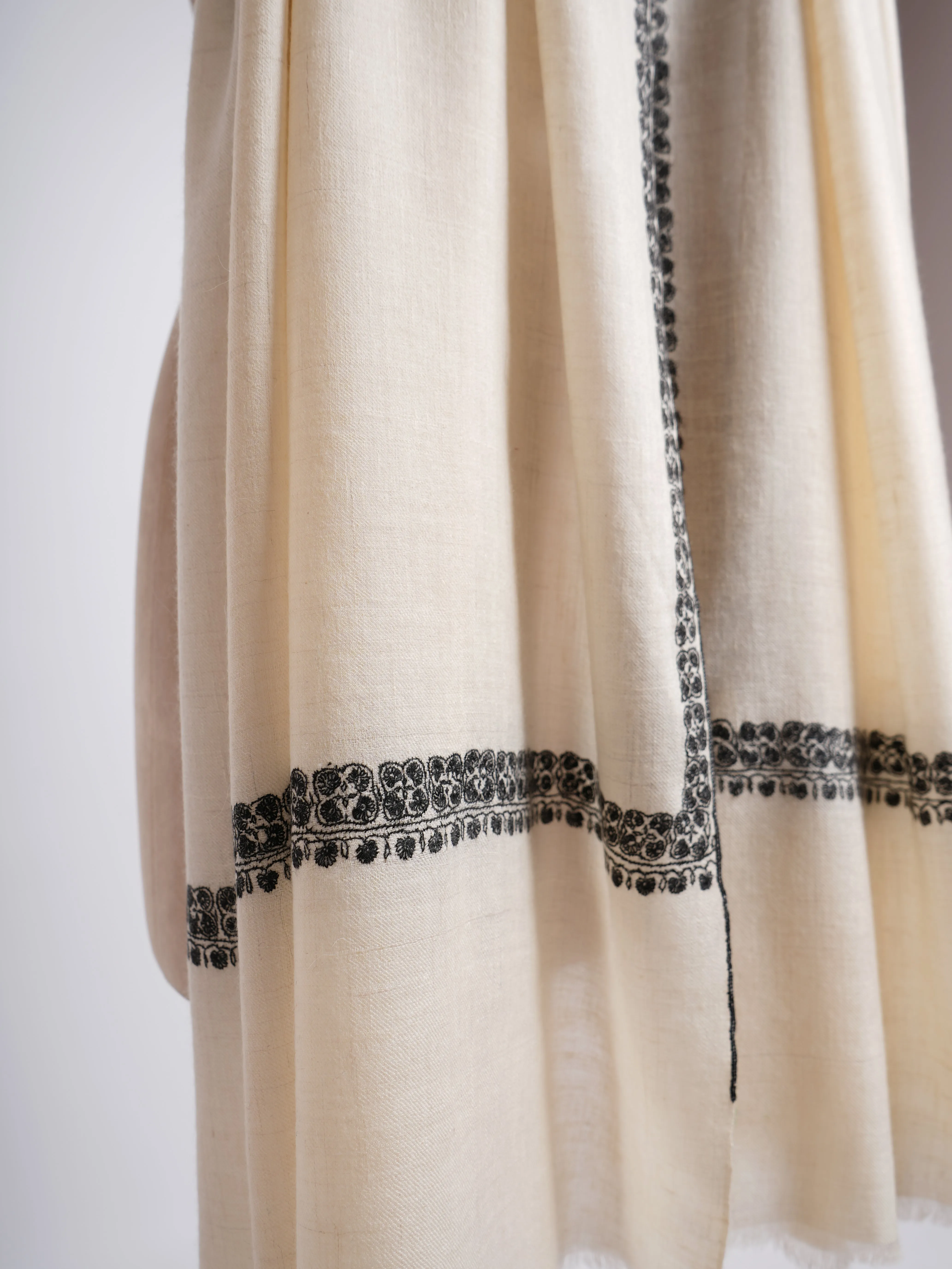 Ivory and Black Hand Sozni Work Pashmina Shawl