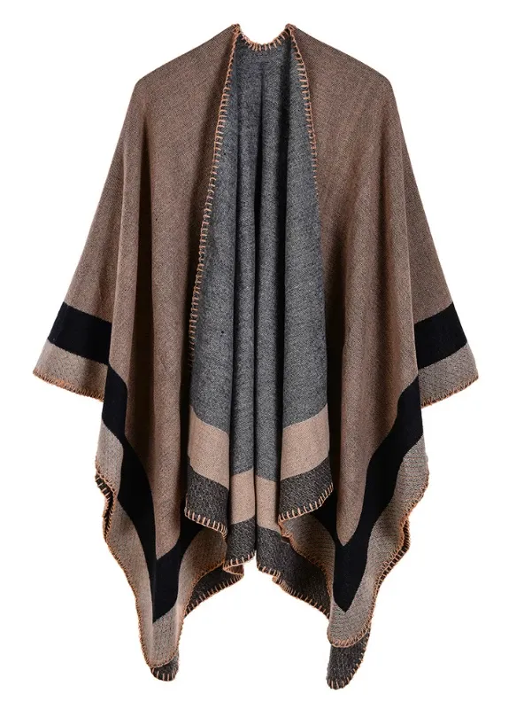 JACQUARD BORDER GOMETRIC SHAWL CAPE CLOAK