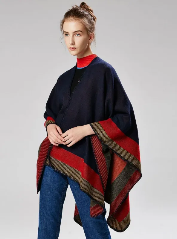 JACQUARD BORDER GOMETRIC SHAWL CAPE CLOAK