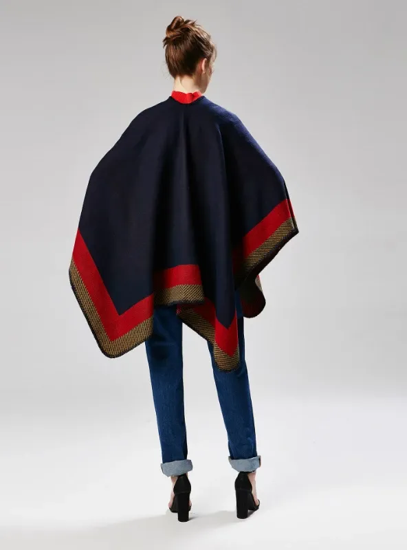 JACQUARD BORDER GOMETRIC SHAWL CAPE CLOAK