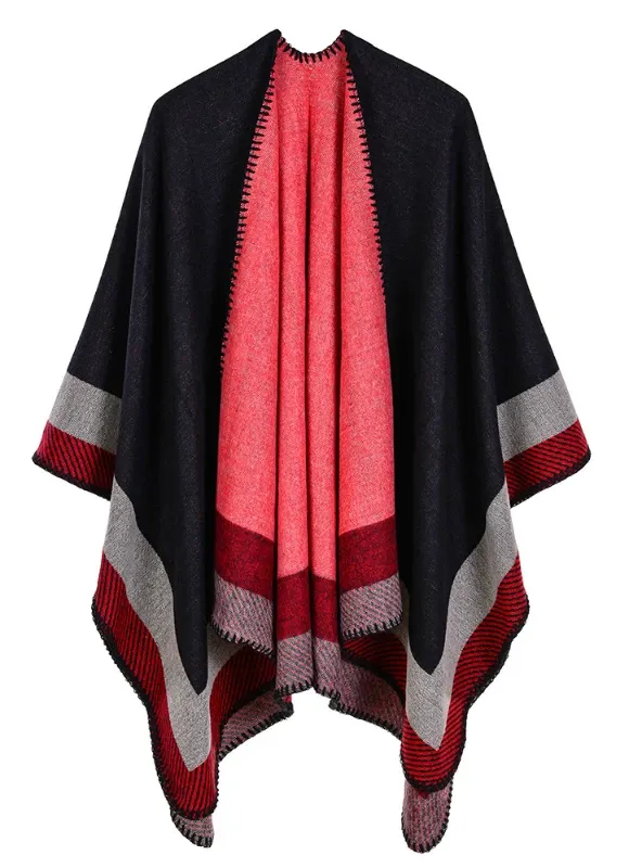 JACQUARD BORDER GOMETRIC SHAWL CAPE CLOAK