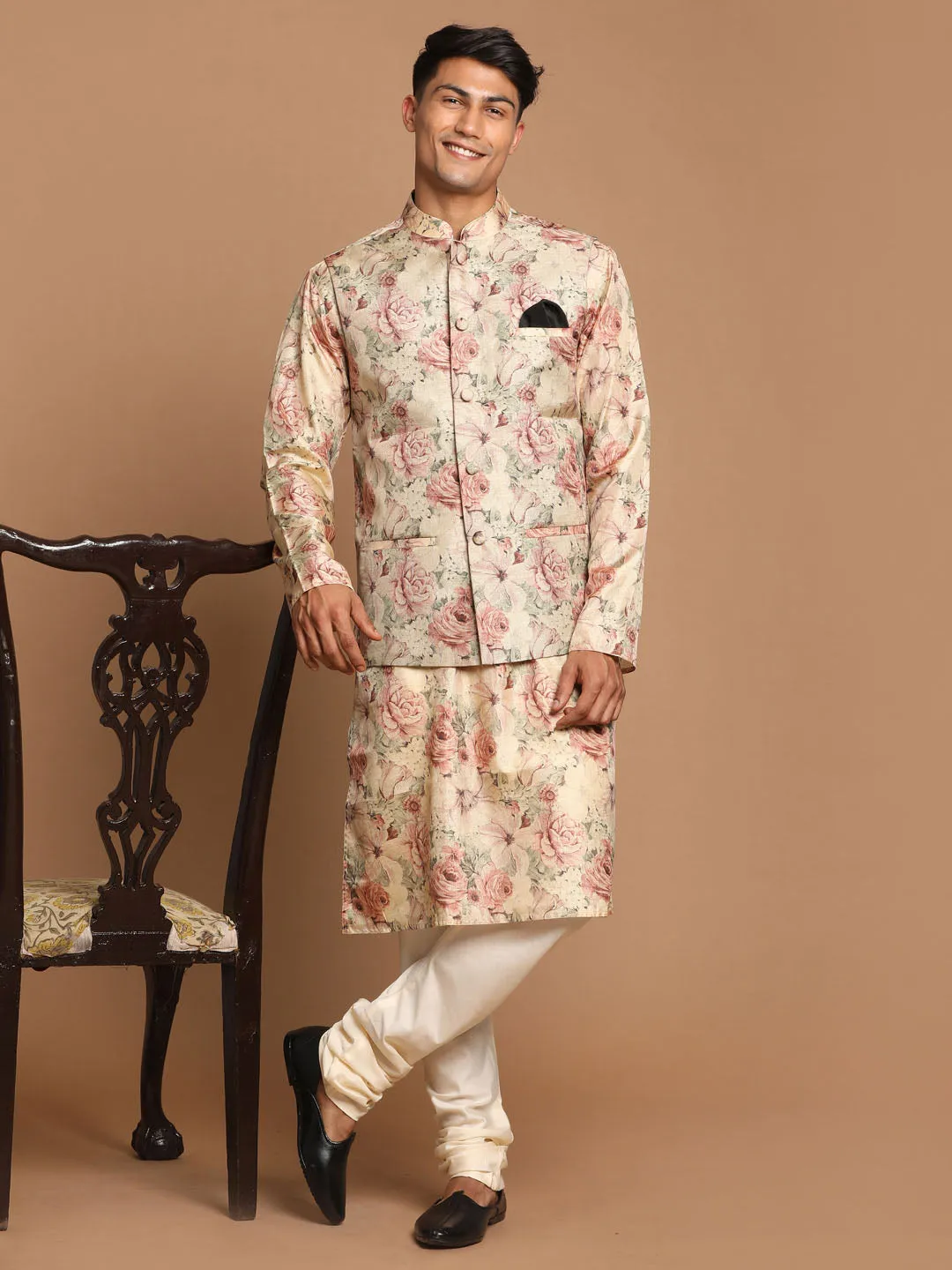 Jashvi Beige Printed Nehru Jacket And kurta With Cream Solid Pyjama Set