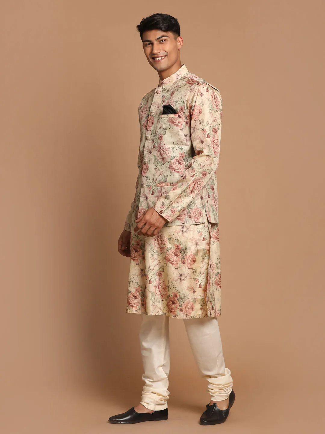 Jashvi Beige Printed Nehru Jacket And kurta With Cream Solid Pyjama Set