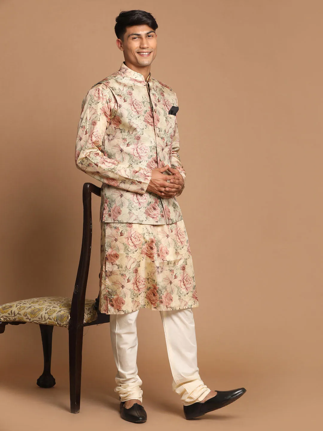 Jashvi Beige Printed Nehru Jacket And kurta With Cream Solid Pyjama Set