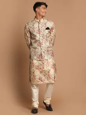 Jashvi Beige Printed Nehru Jacket And kurta With Cream Solid Pyjama Set