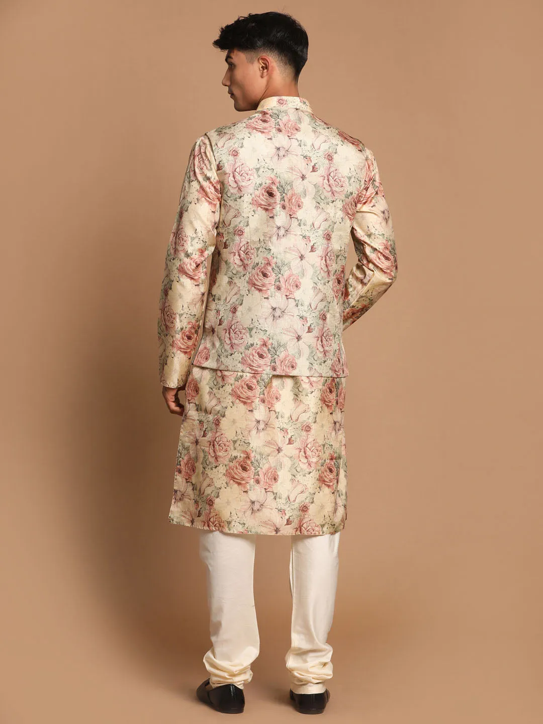 Jashvi Beige Printed Nehru Jacket And kurta With Cream Solid Pyjama Set