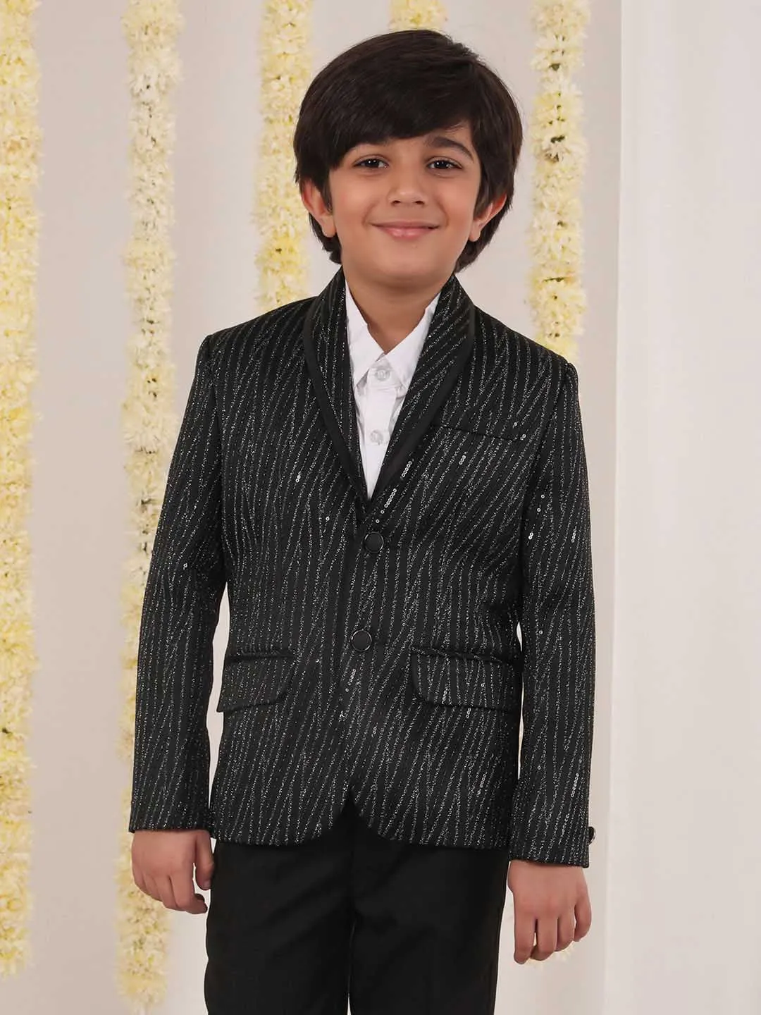 Jashvi Boy's Black Sequined Blazer