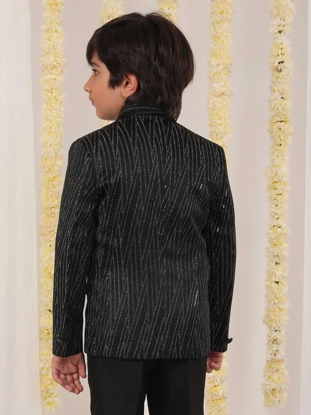 Jashvi Boy's Black Sequined Blazer