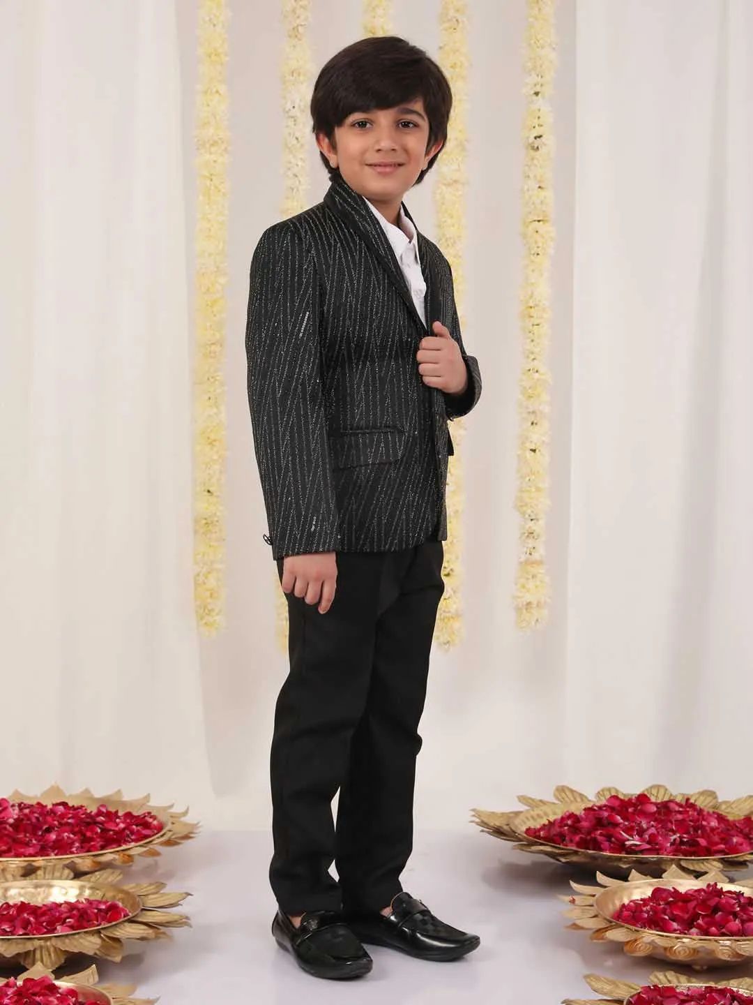 Jashvi Boy's Black Sequined Blazer