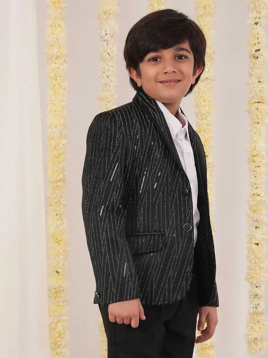 Jashvi Boy's Black Sequined Blazer