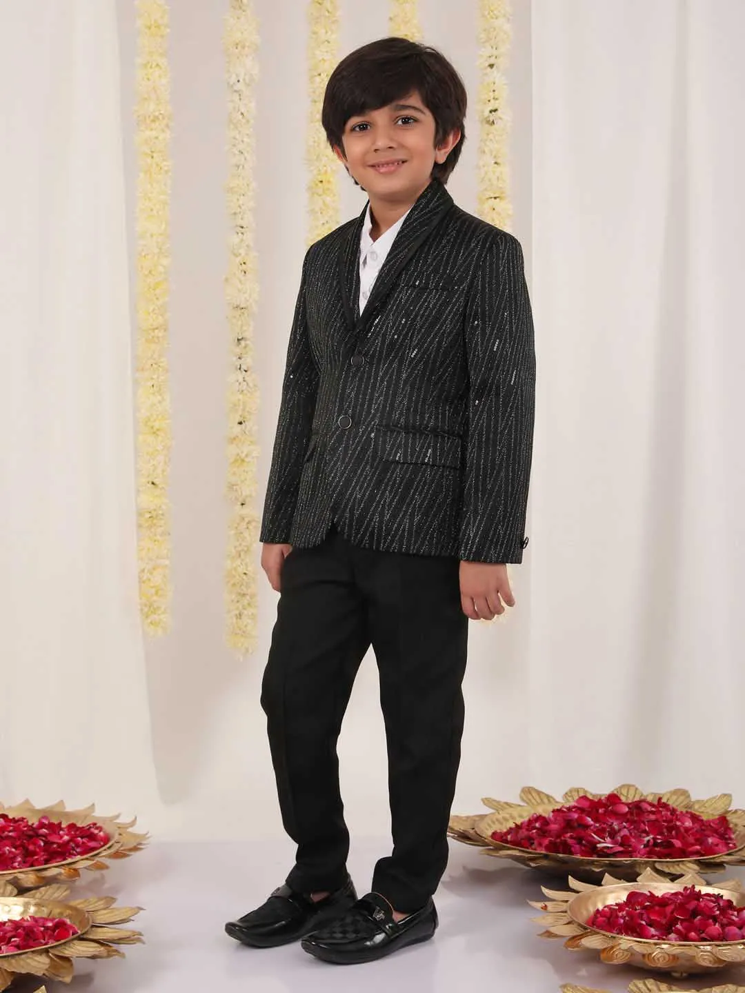 Jashvi Boy's Black Sequined Blazer