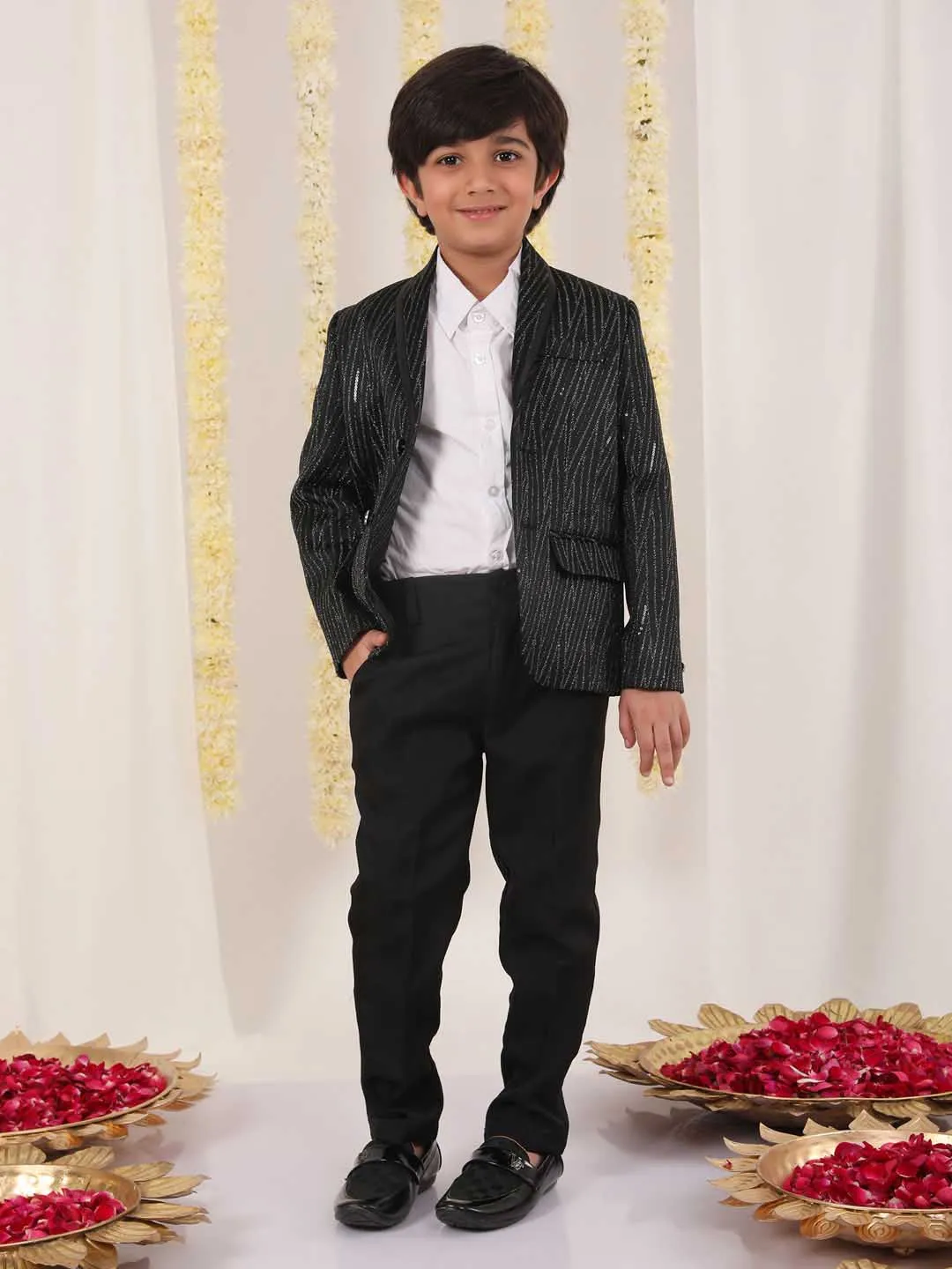 Jashvi Boy's Black Sequined Blazer