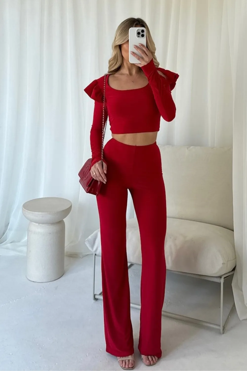 Jayden red frill shoulder top and trouser co-ord