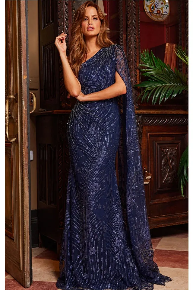 Jovani 23354 - Navy One Shoulder Embellished Evening Dress