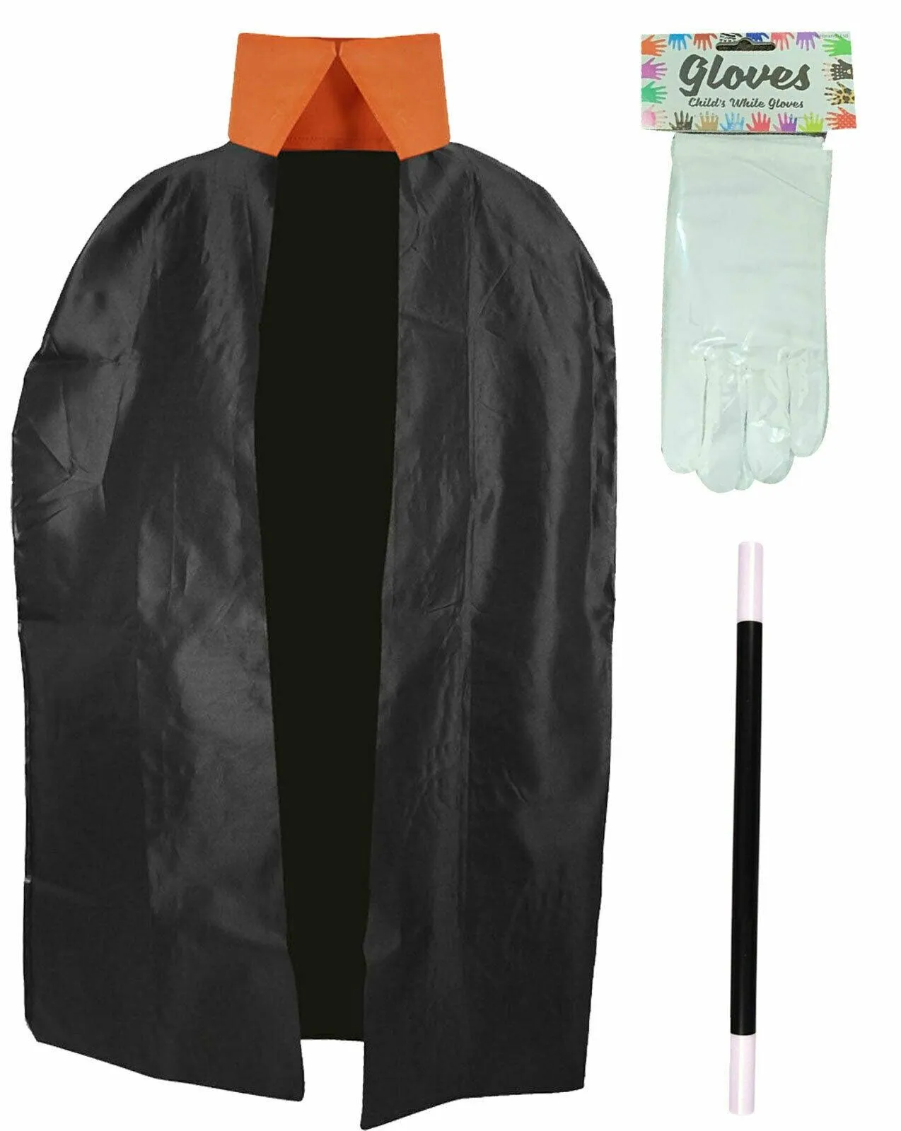 Kids Wizard Black Cape Magic Wand Gloves World Book Day Fancy Dress Set