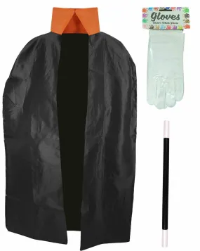 Kids Wizard Black Cape Magic Wand Gloves World Book Day Fancy Dress Set