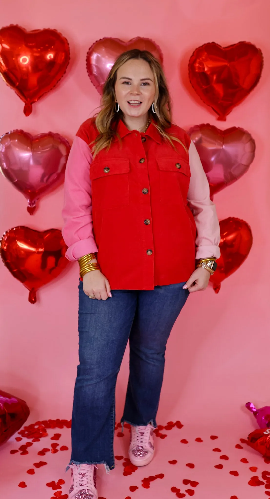 Kind Smiles Button Up Corduroy Color Block Shacket in Red and Pink