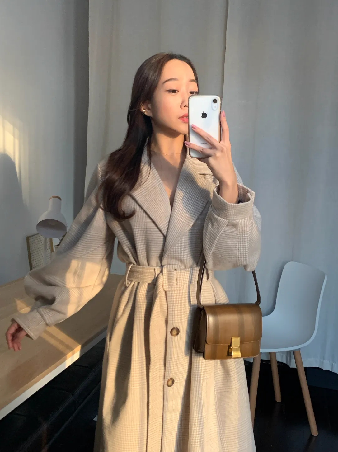 [Korean Style] Hosann Wool Blends Plaid Long Coat w/ Puff Sleeves