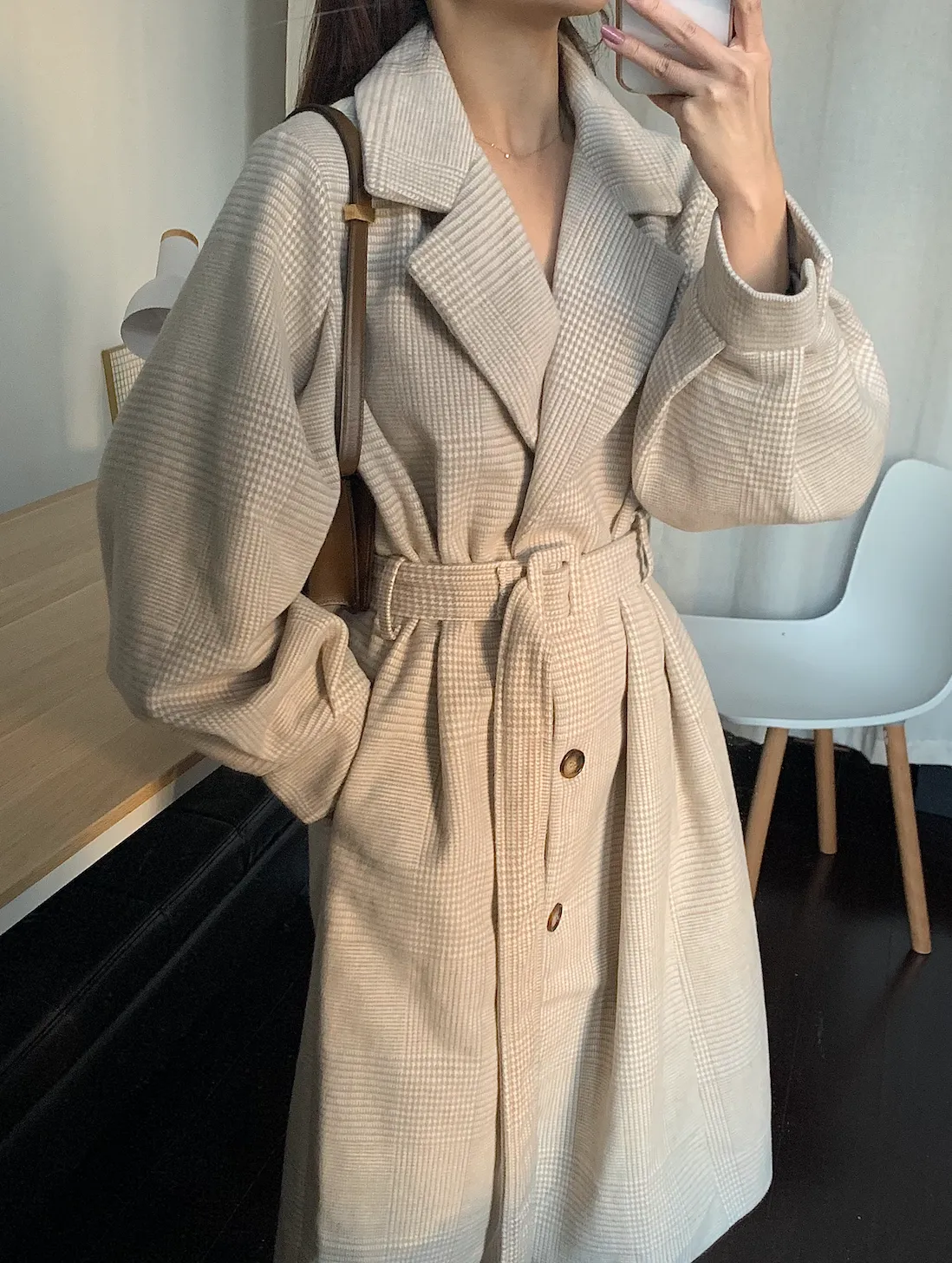 [Korean Style] Hosann Wool Blends Plaid Long Coat w/ Puff Sleeves