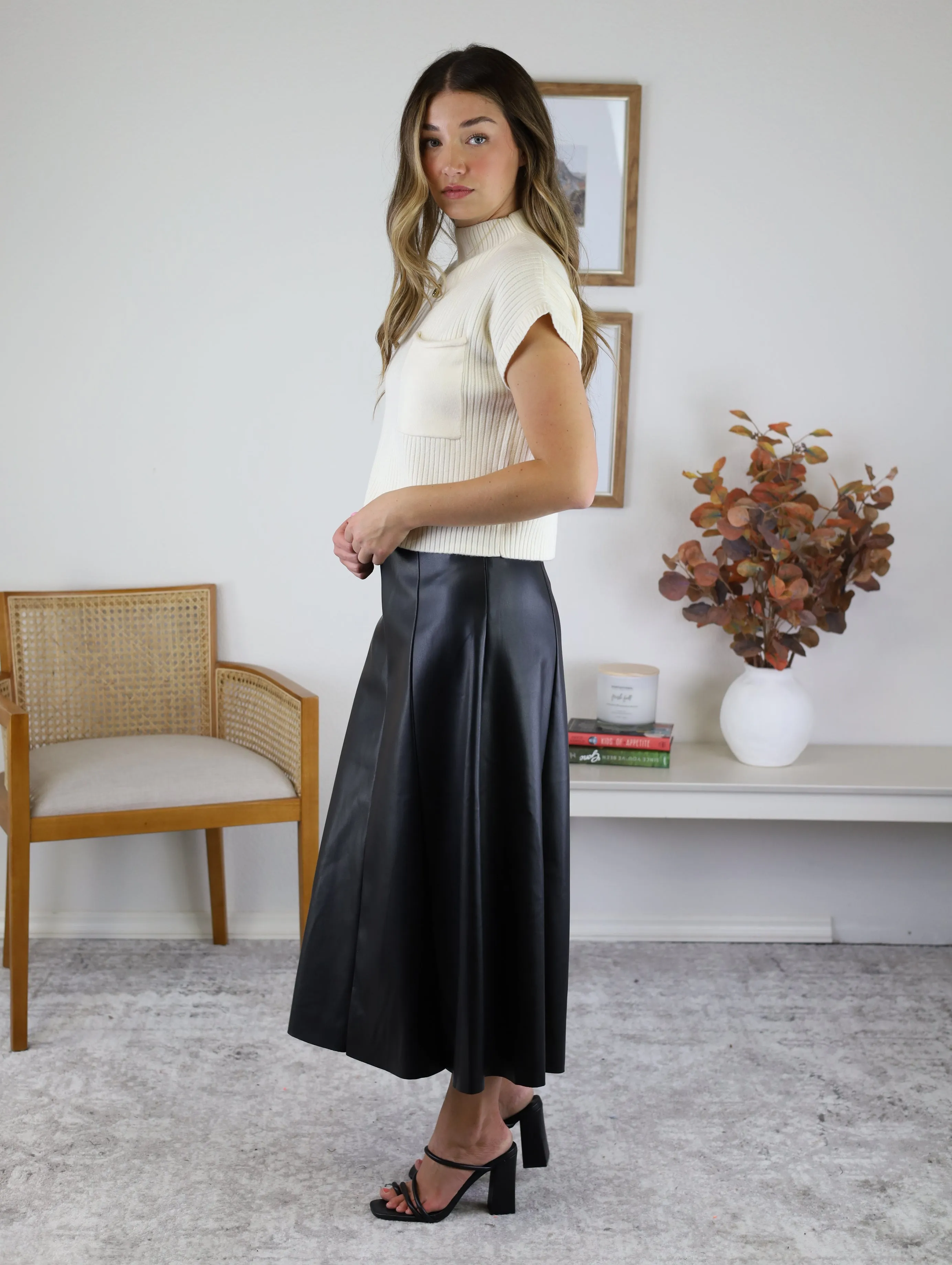 Kourtney A-Line Leather Midi Skirt