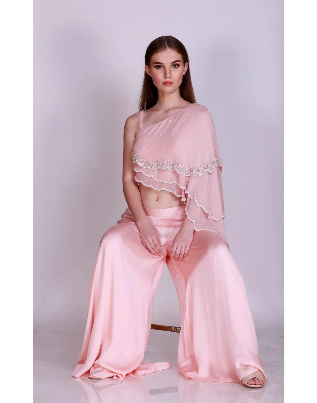 Label Nayna Kapoor's Rent Pearl Embroidered One Shoulder Layered Crop Top With Palazzo