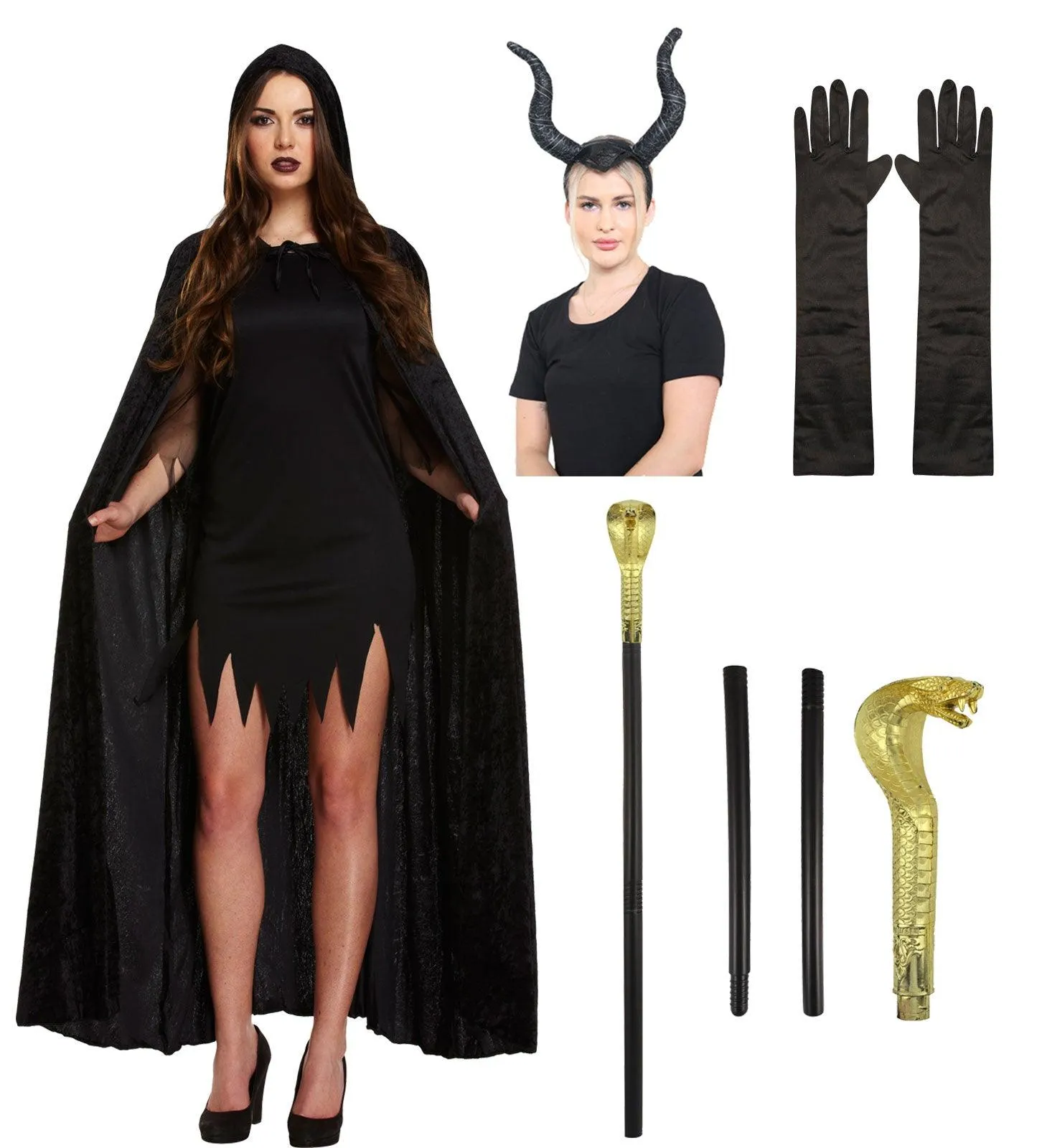 Labreeze Witch Costume Set | Velvet Cape, Horns, Snake Cane & Satin Gloves