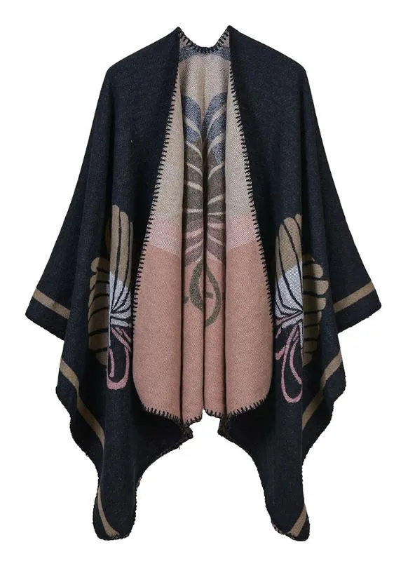 LADIES CASHMERE SPLIT FLOWER SHAWL CAPE